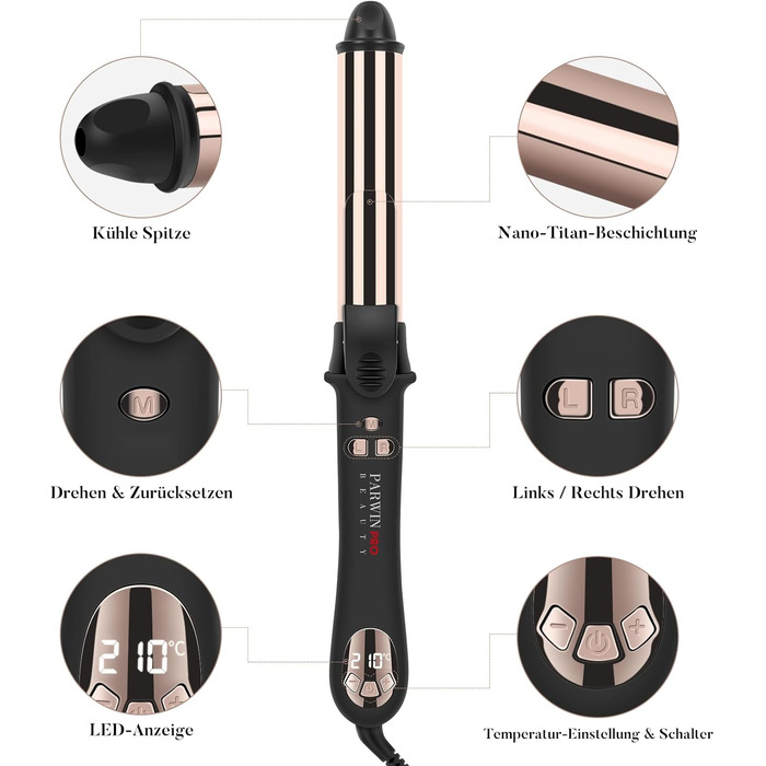 Автоматичний плойка-стайлер для волосся PARWIN PRO BEAUTY 32мм, ротаційний завивач з нано-титановим покриттям та LCD-дисплеєм, 120-210°C
