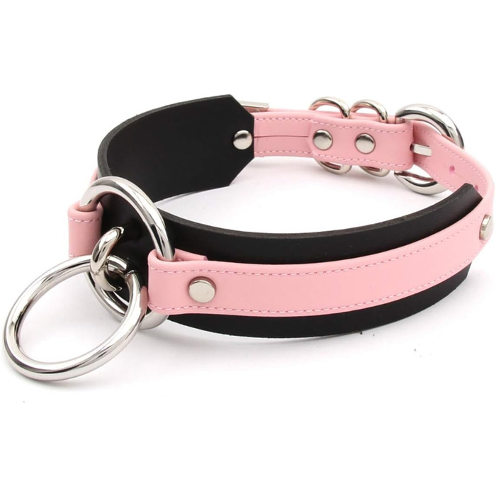 Чокер на шию з кільцем для жінок: шкіряний аксесуар у рожевому та чорному кольорах, срібна фурнітура