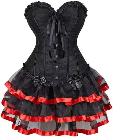 Сукня-корсет з корсетом, спідницею та корсажем, мереживо, шнурівка, вінтажний стиль, чорно-червоний (XXS)
