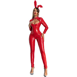 Сексуальний костюм-комбінезон з латексу/шкіри для жінок, відкритий крок, червоний (M)