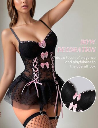Комплект жіночої спокусливої білизни FEOYA: мереживний боді, корсет, трусики, панчохи, чорний, розмір XL