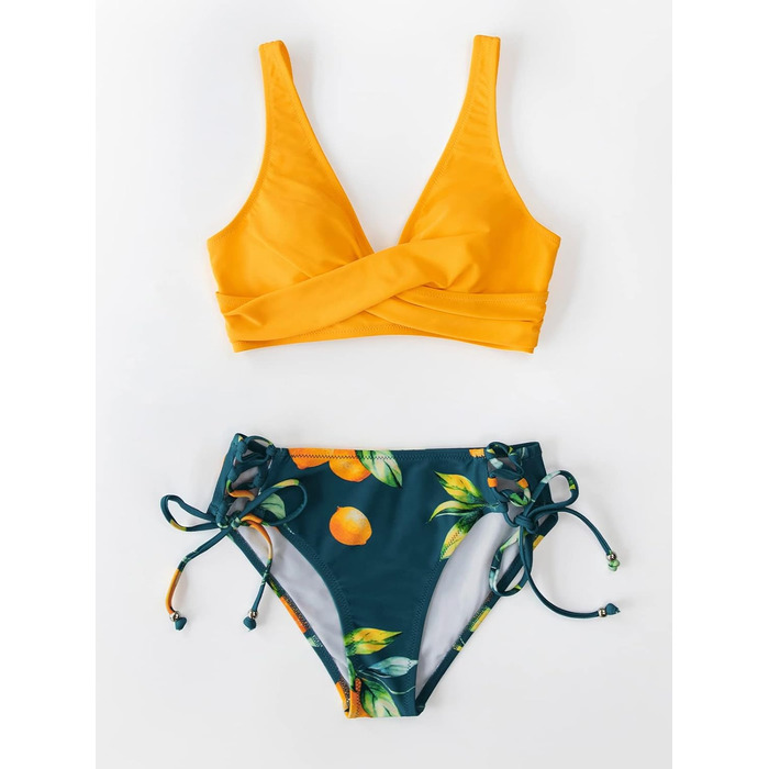CUPSHE Bikini Set: Розкішний двочастинний купальник з квітковим принтом, низька посадка, шнурівка, лимонний колір