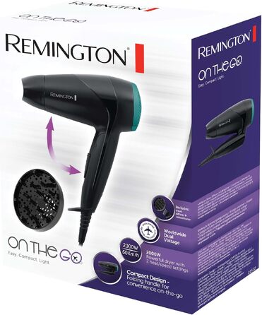 Дорожній фен Remington On The Go D1500 білий: складаний, 2000 Вт, з дифузором та вузьким соплом, двовольтажний (120/240V)