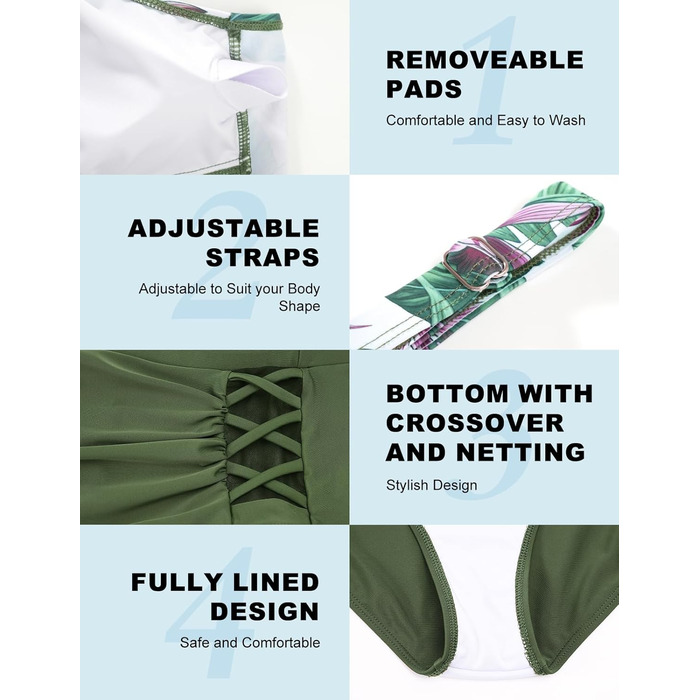 Бікіні жіноче CMTOP з високою талією, пуш-ап, двочастинний купальник, бавовняний, з принтом зеленого листя, розмір S