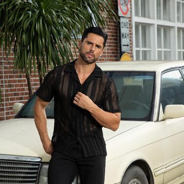 Чоловіча прозора сорочка-сітка Abehik з короткими рукавами для клубів, вечірок, святкування - чорна