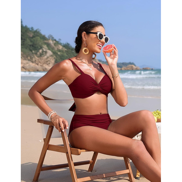 БІКІНІ ЖІНОЧИЙ ДВОШТУЧНИЙ З ВИСОКОЮ ТАЛІЄЮ, ПУШ-АП, З V-ПОДІБНИМ ВИГІНОМ, БУРГУНДІ, M