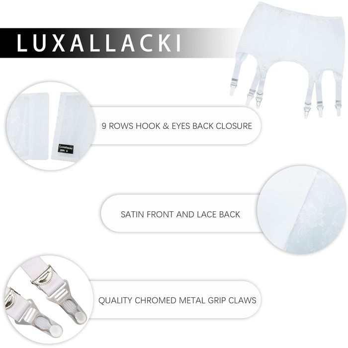 Вінтажний пояс Luxallacki з 6 ремінцями, металевою застібкою, гладким атласом та квітковою мереживом, елегантний британський пояс для панчіх (Білий, 46)