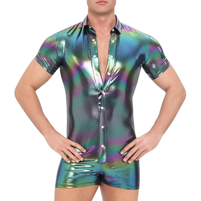 Чоловічий боді Landofgenie з металевим блиском, короткі рукави, комбінезон на бретелях (чорний, L)