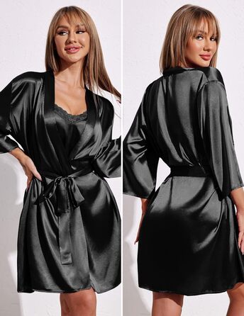 Світшот жіночий Ekouaer з нічною сорочкою, комплект з двох частин, атласний, сексуальний, для дому, вечірній, чорний (03-чорний, M)