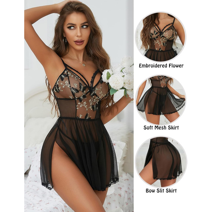 Жіноча мереживна піжама-бабідол Aranmei exy Lingerie, мереживний комплект, нічна сорочка, тіло, чорний колір, розмір L