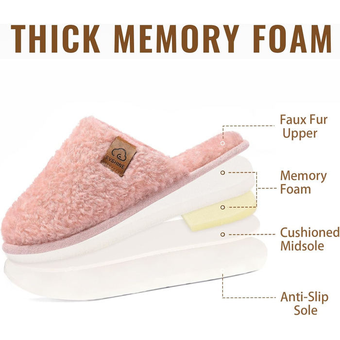 Жіночі м'які капці-тапочки Evshine з ефектом пам'яті (Memory Foam), закриті домашні капці, рожеві, розмір 37/37.5 EU