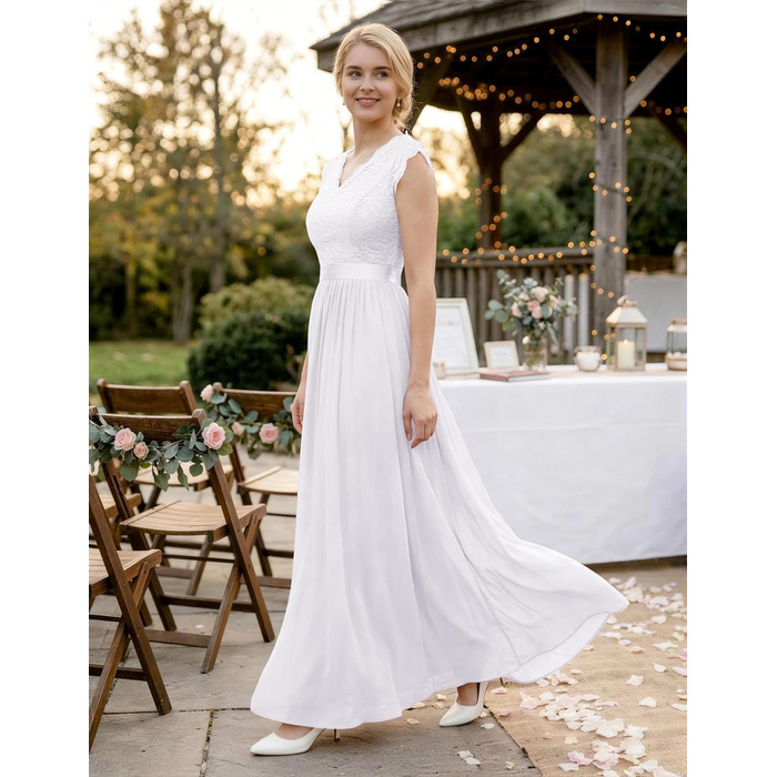 Елегантна вечірня сукня Dressystar довга мереживна шифон для весілля та балу з рукавами-крильцями, біла, розмір S