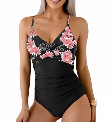Купальник жіночий з ефектом корекції фігури Monokini V-подібний виріз Push-Up (Рожеві квіти, XL)