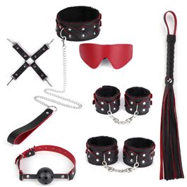 Набір для БДСМ для пар: 7 предметів (плюшеві наручники, пов'язка на очі, батіг, пристосування для фіксації рота, регульовані). Інтимні іграшки для пар (рожевий, чорний)