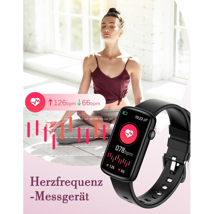 Смарт-годинник для жінок 1.47'' Fitness Tracker: моніторинг пульсу, SpO2, сну, крокомір, відстеження менструального циклу, сповіщення дзвінків та WhatsApp, сумісний з Android та iOS, чорний