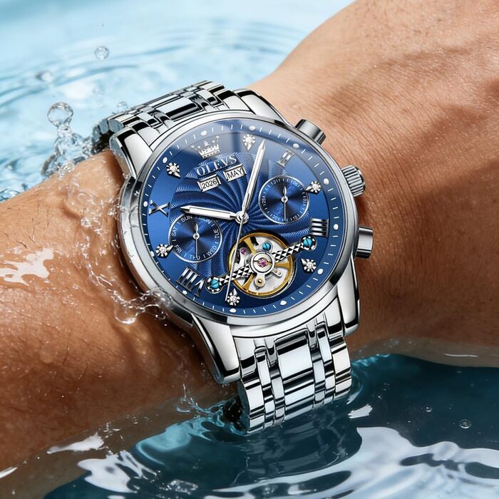 Чоловічий наручний годинник OLEVS Chronograph зі шкіряним ремінцем, японський кварцовий механізм, водонепроникний, класичний елегантний дизайн з датою (7088 Срібло/Синій)