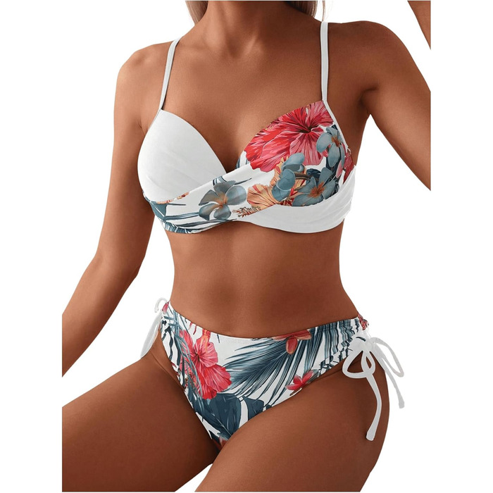 Бікіні GORGLLITTER жіноче з пуш-ап, двочастинний купальник, тропічний стиль, пляжна мода, комплект з 2 штук, літній, з принтом (білий, S)