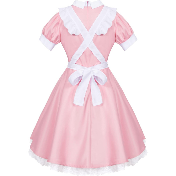 Костюм для косплею в стилі Аніме Лоліта, Французька служниця, Комплект з 6 предметів (Спідниця, рукавички, головний убір, шкарпетки), Синій (S, Рожево-червоний)