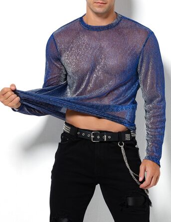 Прозора футболка-сітка Casey Herren з довгим рукавом, мереживна сорочка, мерехтливі сорочки, клубний стиль, A2-блакитний