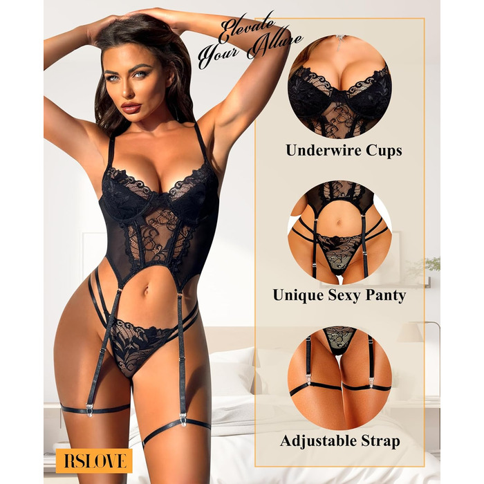 Комплект жіночої білизни RSLOVE (4 шт.) (M, Чорний)