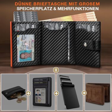 Чоловічий шкіряний гаманець TENBST з RFID-захистом та монетницею, тонкий картхолдер на 8-10 карток, преміум-якість (Чорний/Помаранчевий)