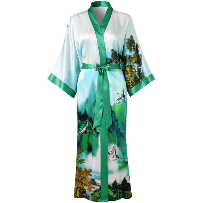 Шовковий халат-кімоно Ledamon для жінок, довгий, 100% шовк - класичний квітковий халат, нічна сорочка (універсальний розмір, пейзаж, весна)