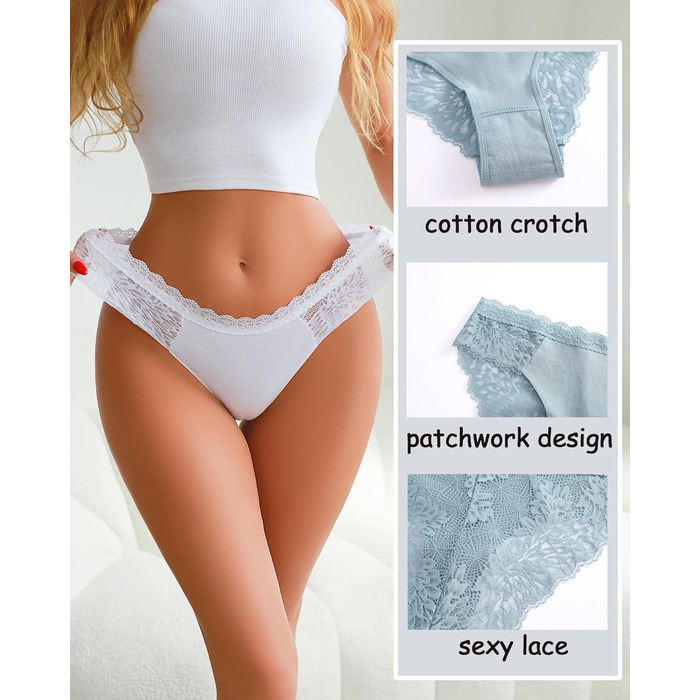 Сексуальні жіночі труси-сліпи з бавовни та мереживом, 5 шт. (Чорний*2, Каштаново-коричневий, Хакі, Білий, Сіро-блакитний), розмір S