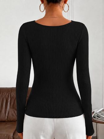 Жіночий елегантний пуловер Cuptacc Slim Fit з довгим рукавом, осінній трикотажний топ (XS, чорний)