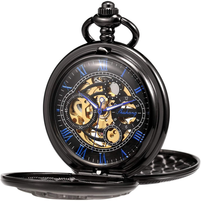 Механічний кишеньковий годинник TREEWETO Fullmetal Alchemist Steampunk Skeleton з подвійним кришкою та ланцюжком, чорний