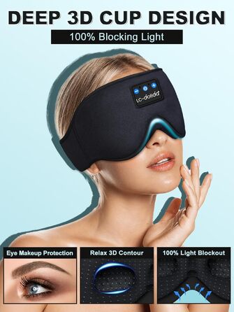 Маска для сну з Bluetooth-навушниками LC-dolida V5.4, 3D дихаюча бавовняна маска для очей з мікрофоном, миюча, для подорожей, йоги та медитації, чорна
