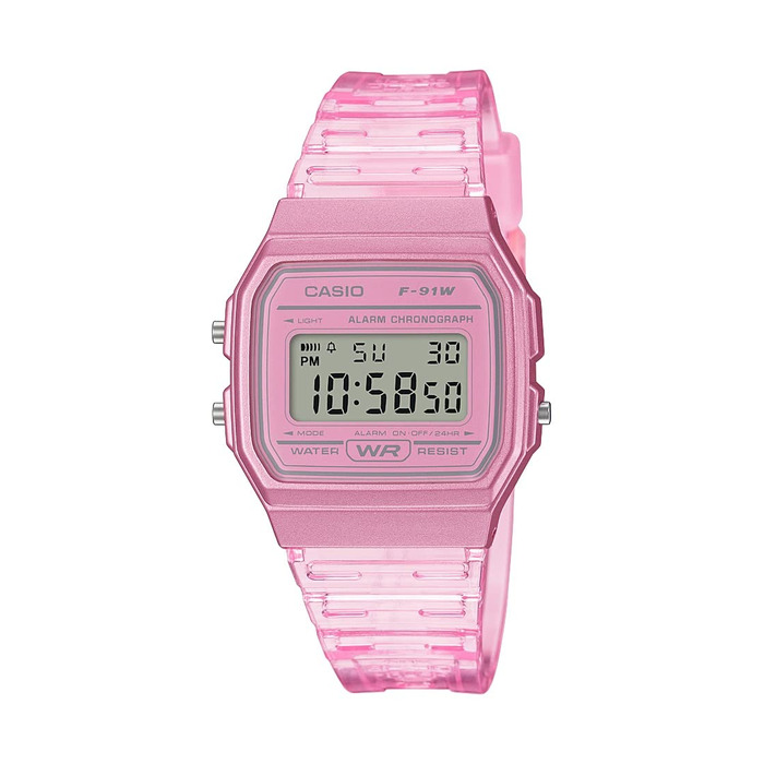 Класичний кварцовий годинник Casio F-91W Transparent Pink: водонепроникний, зі стопосекундою, будильником та календарем