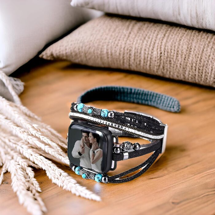 Шкіряний ремінець Boho для Apple Watch — багатошаровий браслет для жінок та чоловіків, сумісний з Series 11 10 9 8 7 6 5 4 3 2 1 SE Ultra 1 2 3, чорний, 38/40/41/42 мм