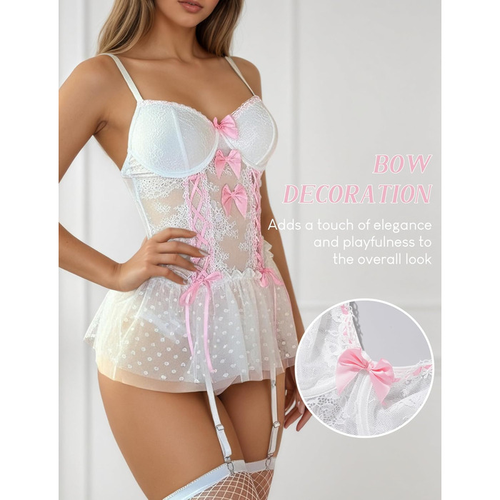 Комплект жіночої білизни FEOYA: мереживний боді, корсет, трусики, панчохи - білий, розмір M