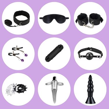 Набір для БДСМ з шкіри, 15 предметів: наручники, маска для очей, мотузки. Для дорослих пар. Чорний колір