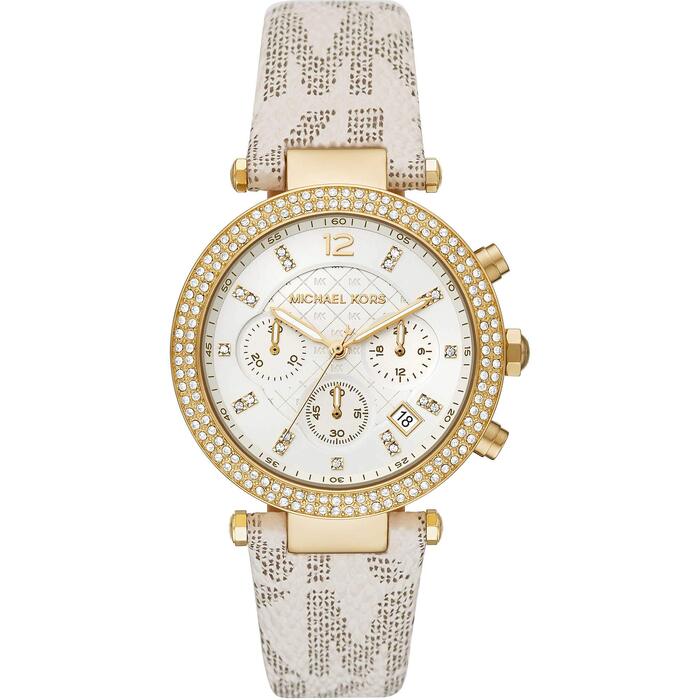 Жіночий годинник Michael Kors Parker кварцовий хронограф, сталевий ремінець, 39 мм, колір крем та золото