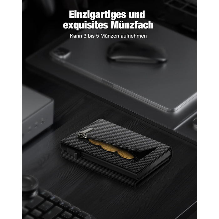 Чоловічий шкіряний картхолдер dwnkove Slim Wallet: смарт-гаманець з Pop-Up механізмом, RFID захистом, відділенням для монет та вікном для ID, Carbon Design