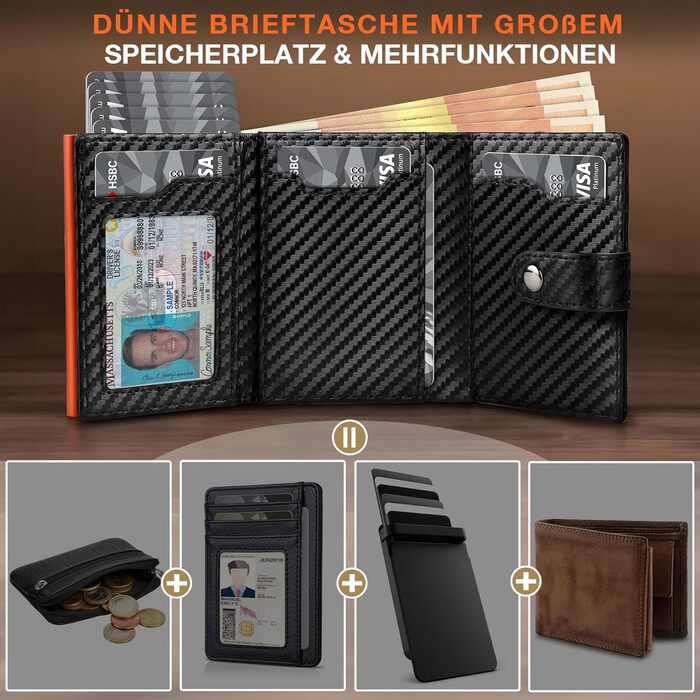 Чоловічий шкіряний гаманець TENBST з RFID-захистом та монетницею, тонкий картхолдер на 8-10 карток, преміум-якість (Чорний/Помаранчевий)