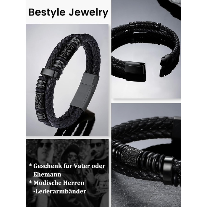 Шкіряний браслет Bestyle для чоловіків у скандинавському стипі (Вікінг), плетений чорний з магнітною застібкою з нержавіючої сталі, довжина 21 см