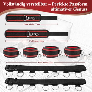 Набір для БДСМ-зв'язування: 12 предметів для еротичних ігор для пар. Включає наручники, кайдани для ніг, ошейник, пов'язку на очі, кліпси для сосків, м'ячик-знеболювач, хрестовину. Підходить для початківців, чоловіків та жінок. Червоний колір.