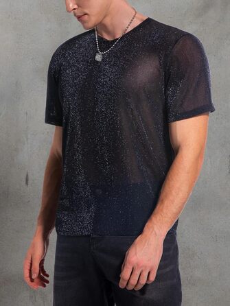 Чоловіча футболка Hawiland з блискітками, сітка, мереживо - для вечірок, клубів, рейв-вечірок. Чорний колір, розмір S