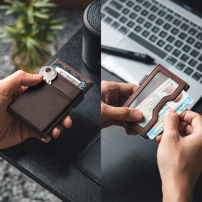 Чоловічий металевий гаманець VULKIT з RFID-захистом, Pop-up картницею, EDC-відсіками та вікном для ID, колір Espresso