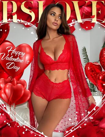 Комплект нижньої білизни RSLOVE для жінок, 3 частини: мереживний кімоно, бюстгальтер та труси, червоний, розмір M