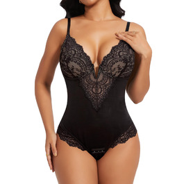 Корсетний боді SHAPERIN Formbody для жінок з вбудованою бюстгальтером, бавовняний м'який животик, танга, V-подібний виріз, чорний, розмір L