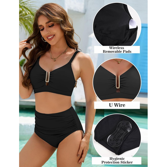 Бікіні жіночий комплект з пуш-ап, висока талія, слікучий ефект, двочастинний, сексуальний металевий U-подібний виріз з зав'язками, купальник, літня мода для жінок, чорний, розмір M