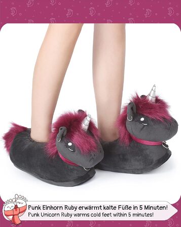 Плюшеві капці для дому corimori Ruby das Punk Einhorn (Єдиноріг), чорно-рожеві, гнумка підошва, розмір 34-44 EU