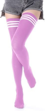 DRESHOW 3 пари дамських панчіх-високих гольфів, надколінних, смугастих. Кольори: фіолетовий, блакитний, рожевий