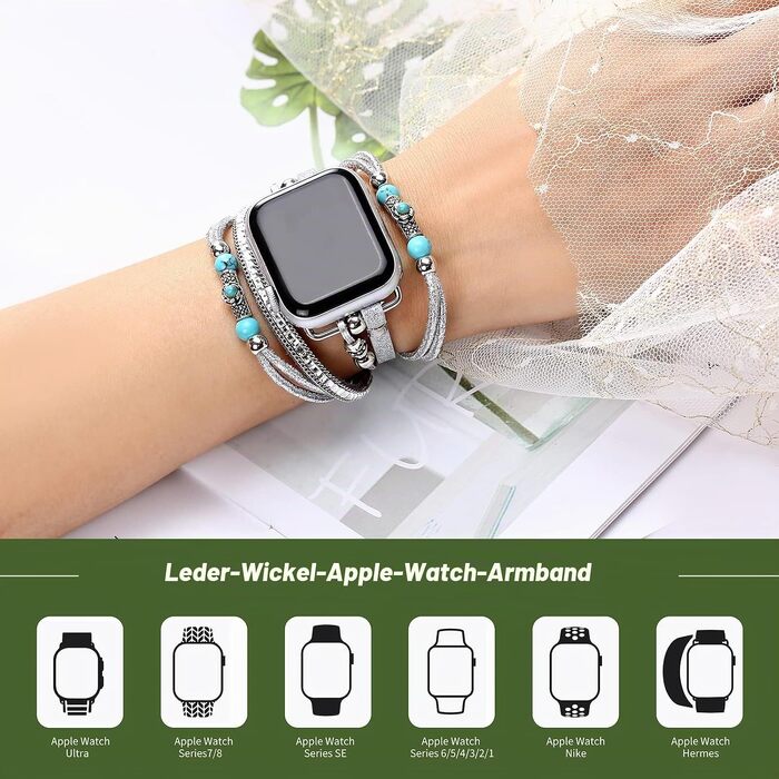 Шкіряний браслет Boho для Apple Watch — багатошаровий ремінець для iWatch Series 11 10 9 8 7 6 5 4 3 2 1 SE Ultra 1 2 3, чорний, 42/44/45/46/49мм