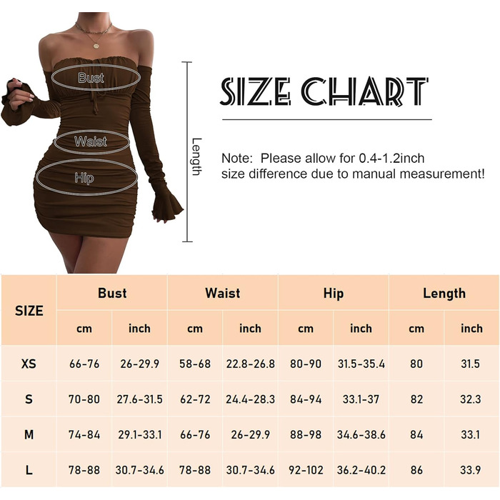 Сукня-міні з V-подібним вирізом та оголеними плечима для вечірки та коктейльної події, розмір XS-L (S, Коричневий 01)