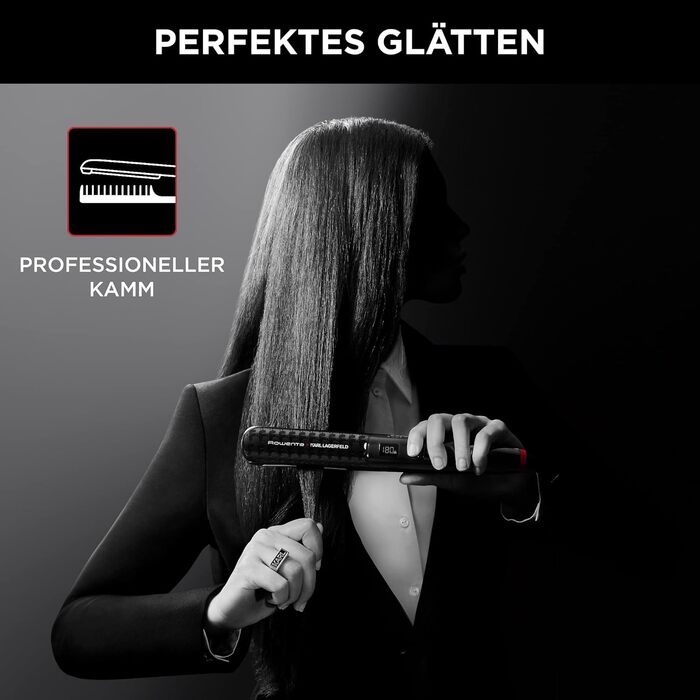 Випрямляч для волосся Rowenta x Karl Lagerfeld SF467L K/Pro Stylist з кератиновим покриттям Glow, іонною функцією та вбудованим гребенем, 140-210°C, чорно-червоний
