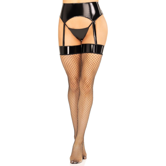 Костюм Leg Avenue з вінілового корсету, мереживних панчіх та трусиків-стрінгів, чорний, M-L